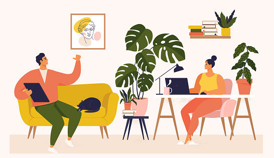 Woman and man working at desk and on sofa from home. Couple have a lot of work. Woman working with laptop at her work desk and testing ui and ux. Vector illustration of student studying at home.