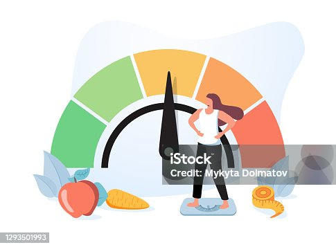 istock Woman and obese chart scales isolated flat vector illustration. Cartoon person on diet trying weight control with BMI. 1293501993
