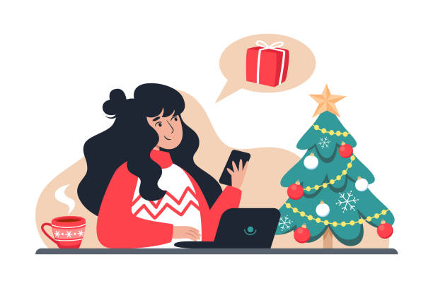 frau beantwortet eine nachricht und kauft geschenke für die familie in einem online-shop. neujahr und weihnachten online-shopping von zu hause aus. vektor-illustration für eine grußkarte nd web-design - kaltes herz stock-grafiken, -clipart, -cartoons und -symbole