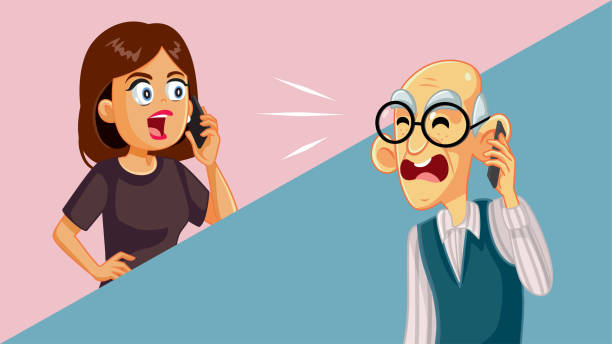 Woman Arguing with her Elderly Father over the Phone Vector Cartoon Daughter and dad screaming at each other in phone call conversation old man crying stock illustrations