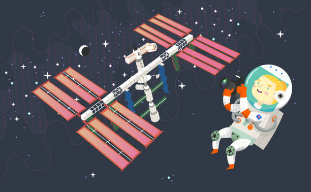 Woman astronaut in outer space is taking pictures of the space station, the moon and constellations Woman astronaut in outer space is taking pictures of the space station, the moon and constellations of stars in the background. Vector illustration international space station stock illustrations