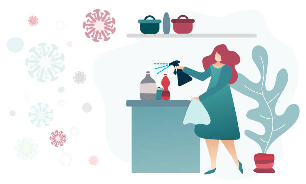 Woman at home disinfecting groceries from the store. vector art illustration