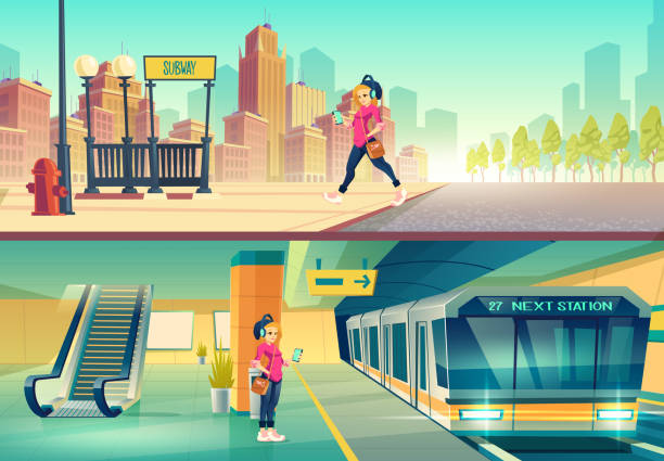 ilustrações de stock, clip art, desenhos animados e ícones de woman at metro station. metropolitan platform - stairs subway