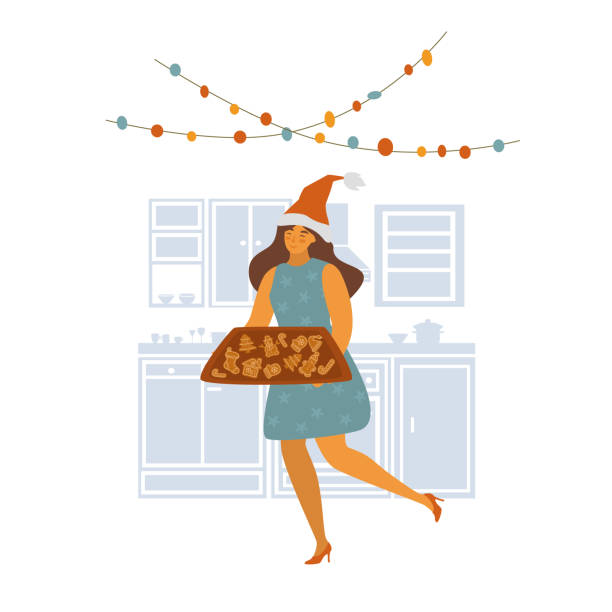 ilustrações de stock, clip art, desenhos animados e ícones de woman baking christmas gingerbread cookies vector illustration scene - woman holding a christmas gift
