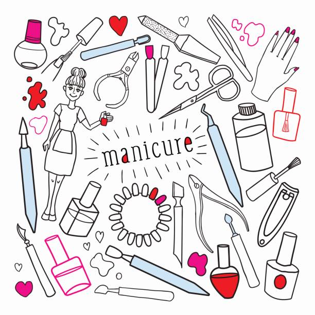 stockillustraties, clipart, cartoons en iconen met vrouw beauty cosmetica hand getekende set - nail polish bottle close up
