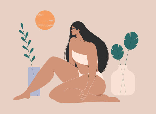 Woman beauty, wellness, feminine concept. Trendy abstract illustration of a woman with a beautiful body in swimsuit sitting and sunbathing. Flat vector art for cosmetics, beauty products Isolated vector illustration. positive body image stock illustrations