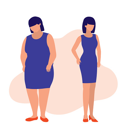 Woman Before And After Weight Loss. Body Conscious Concept. Vector Flat Cartoon Illustration.