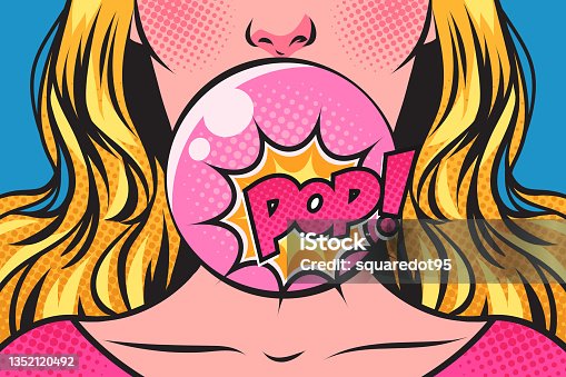 istock Woman blowing bubble with a pink bubble gum, and Pop! speech bubble. Pop art comic vector illustration. 1352120492