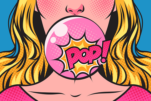 Close-up of a woman's face with a pink bubble gum. Vintage comic style.