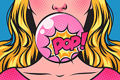 istock Woman blowing bubble with a pink bubble gum, and Pop! speech bubble. Pop art comic vector illustration. 1352120492