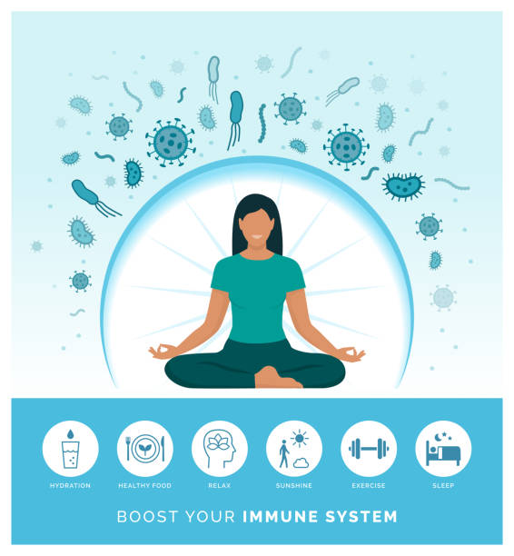 ilustrações de stock, clip art, desenhos animados e ícones de woman boosting her immune system naturally - boosting