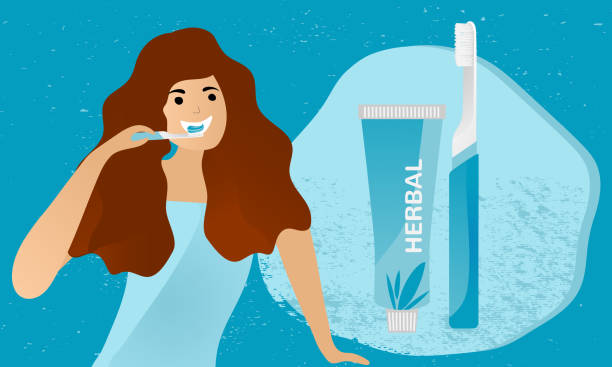 bildbanksillustrationer, clip art samt tecknat material och ikoner med kvinna borsta tänderna med en modern elektrisk tandborste. - kvinna borstar tänderna