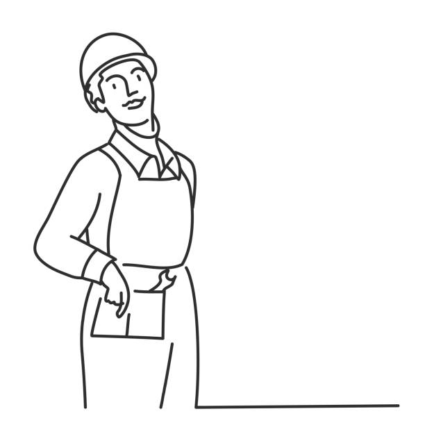 Woman builder in helmet. Woman builder in helmet. Hand drawn vector illustration. mechanic drawings stock illustrations