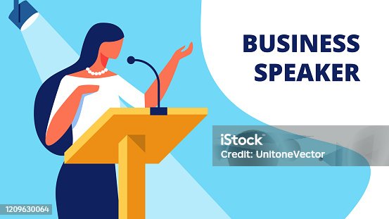 istock Woman Business Speaker on Podium Reads Report. 1209630064