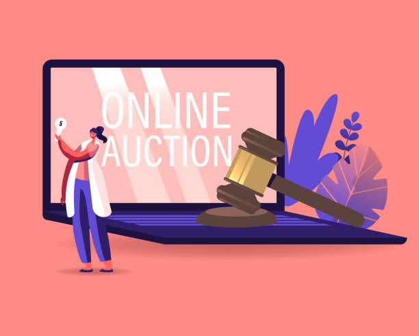 Woman Buying Assets in Internet Using Online Platform. Female Character Holding Bid Plate in Hand Stand at Huge Laptop with Online Auction Inscription on Screen, Business. Cartoon Vector Illustration Woman Buying Assets in Internet Using Online Platform. Female Character Holding Bid Plate in Hand Stand at Huge Laptop with Online Auction Inscription on Screen, Business. Cartoon Vector Illustration auction stock illustrations