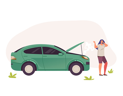 Woman character calling help by phone near broken car. Vector flat graphic design illustration