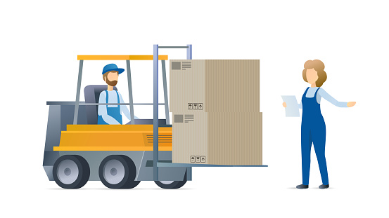 Woman character checking loading and shipment. Forklift truck with worker.