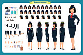 Woman character creation set. The stewardess, flight attendant. Icons with different types of faces and hair style, emotions, front, rear side. Vector flat illustration