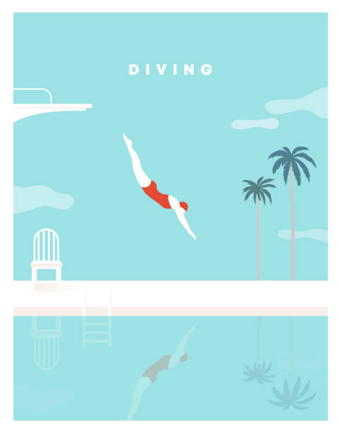 Woman character dives. jumping into water. a jump of a sporty woman into swimming pool. Female wearing swimming suit. diving board, Palm tree, Chair. Modern style. Vector flat illustration. Vector design illustrations. diving into water stock illustrations