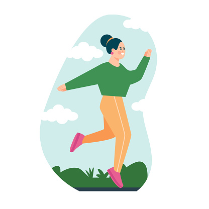 Woman character is jogging, Woman jumping. She's running, doing fitness exercises. Active healthy lifestyle vector illustration, modern flat style design isolated on a white background