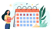 Woman checking menstruation calendar. Period, blood, lady flat illustration. Female health and organism concept for banner, website design or landing web page
