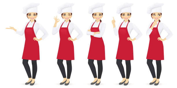 Woman chef Woman chef set in different poses vector illustration chef apron stock illustrations