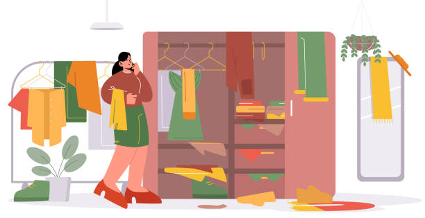 Woman choose clothes in wardrobe Woman choose clothes in wardrobe. Vector flat illustration of walk in closet room with cabinet, hanger rack, mirror, and scattered untidy garment and accessories. Girl in cloakroom with clutter camisetas selecciones stock illustrations