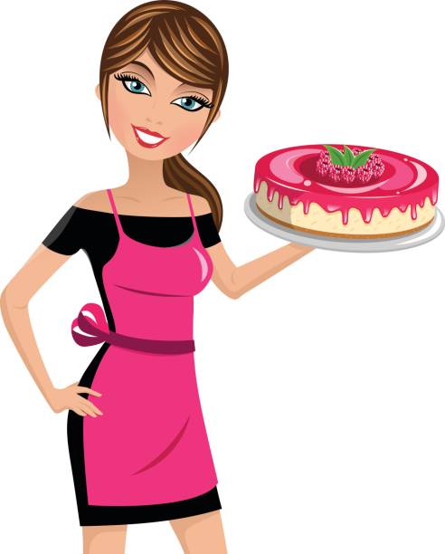 ilustrações de stock, clip art, desenhos animados e ícones de woman cook cheesecake raspberries isolated - serving a slice of cake