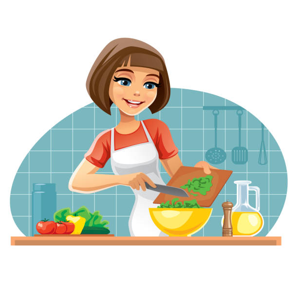 ilustrações de stock, clip art, desenhos animados e ícones de woman cooking salad - woman chopping vegetables