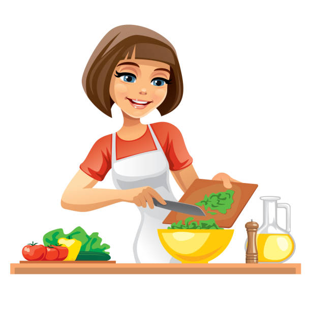 ilustrações de stock, clip art, desenhos animados e ícones de woman cooking salad - woman chopping vegetables
