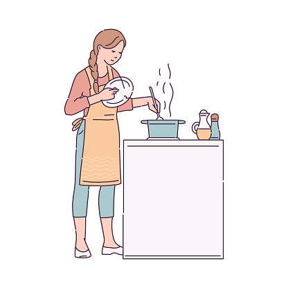 Woman cooking soup on stove - cartoon female cook in apron