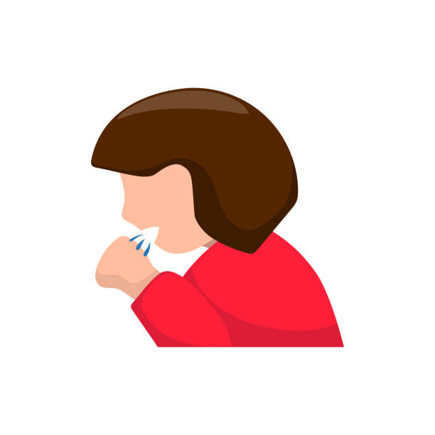 Woman coughing in hand, colorful vector icon on white background. Flu or cold disease spreading. vector art illustration