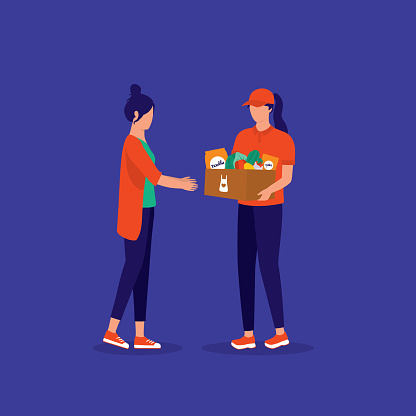 Woman Customer Receiving A Box Of Ingredient And Recipe From Meal Kit Services. Meal Kit Concept. Vector Illustration.