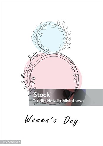 istock Woman day postcard. Doodle botanical frames in 8 form with congratulation text. Spring summer postcard, hand drawn elements, flowers and branches with leaves, vector isolated illustration 1397788847