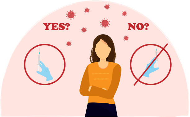 woman decides vaccinate or not,  vaccine against coronavirus vector flat illustration anti vaccination stock illustrations