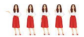 Young woman with long hair in red skirt set different gestures isolated vector illustration