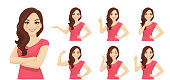 Smiling beatiful woman with curly hairstyle set with different gestures isolated