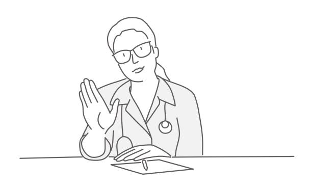 Woman doctor with glasses shows stop gesture. Woman doctor with glasses shows stop gesture. Line drawing vector illustration. doctor drawings stock illustrations