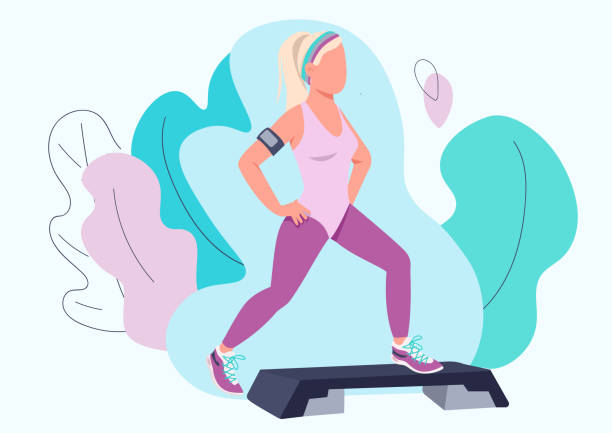 ilustrações de stock, clip art, desenhos animados e ícones de woman doing aerobic exercise flat color vector faceless character - steps