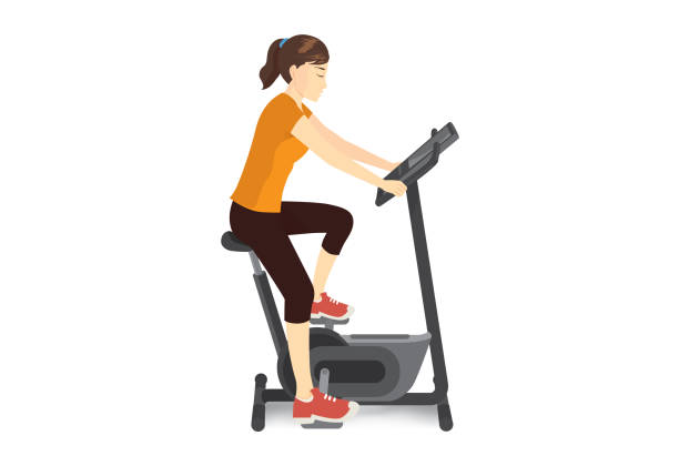 Woman doing exercise with stationary bicycle for firming her body. Woman doing exercise with stationary bicycle for firming her body. Illustration about workout machine. peloton stock illustrations