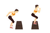 Woman doing High Box Jump exercise in 2 Step. Illustration about Workout diagram for guide.