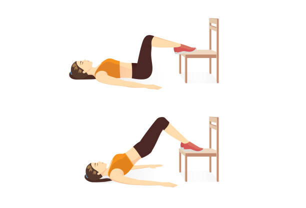 ilustrações, clipart, desenhos animados e ícones de mulher fazendo exercício com hip raise com duas pernas na cadeira para firmar seu corpo. - lombar