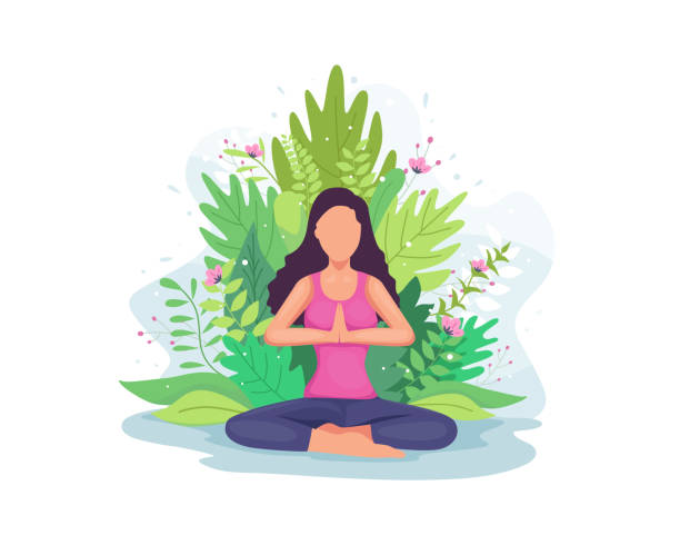 Woman doing yoga exercise Vector illustration Woman doing yoga exercise. Girl in yoga lotus pose with floral, Practicing yoga, Young woman meditates. Meditation concept illustration in a flat style yoga clipart stock illustrations
