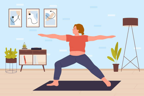 Woman doing yoga training at home vector art illustration