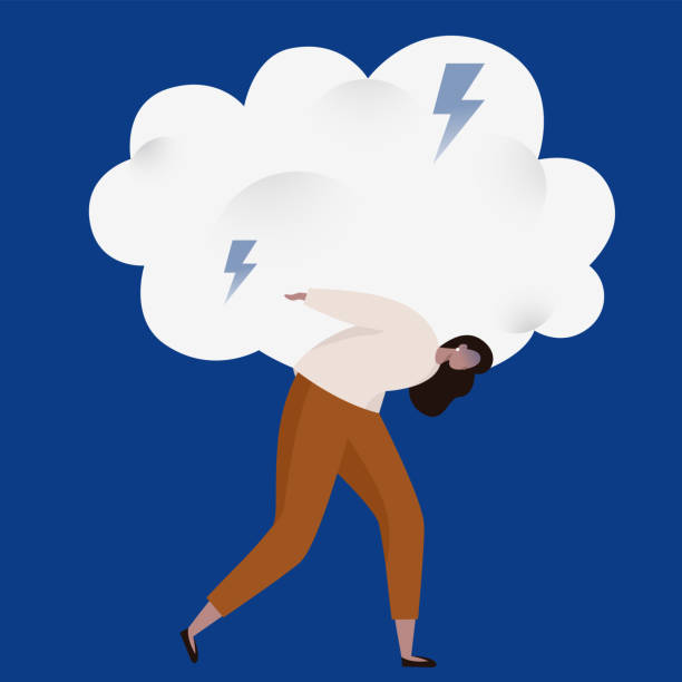 Woman dragging a heavy stormy cloud with lightnings. Bad emotions and anxiety concept illustration. mental illness stock illustrations
