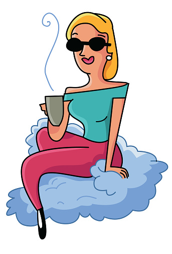 Woman drinking coffee sitting on a cloud