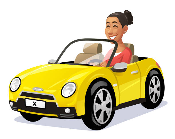 bildbanksillustrationer, clip art samt tecknat material och ikoner med woman driving a yellow car - electric car woman