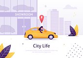 Woman Driving Rented or New Car from Showroom Banner Vector Illustration. Cityscape with High Buildings on Background. Shop with Modern Vehicles. Character Looking out of Transport.