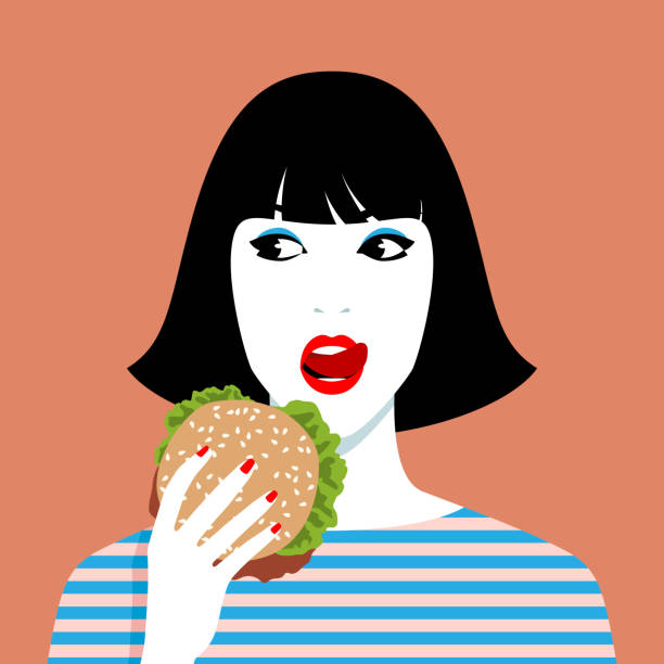 illustrations, cliparts, dessins animés et icônes de femme, manger des hamburger - eating burger