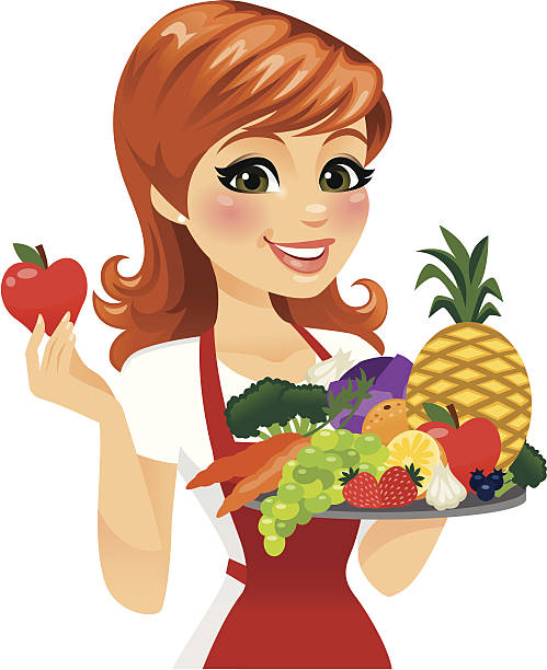 Woman Eating healthy Food A woman holding up a platter of fresh fruit and veggies. The single apple in her hand is removable in Adobe Illustrator.  heyheydesigns stock illustrations